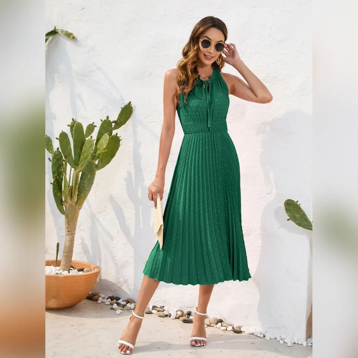 IDOPIP Women Summer Casual Pleated Midi Dress 2024 Tie Neck Swiss Dot Swing Dress Formal Shirred Waist Wedding Guest Dress