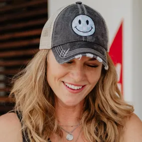 Light Blue Checkered Wholesale Happy Face Hat for Women