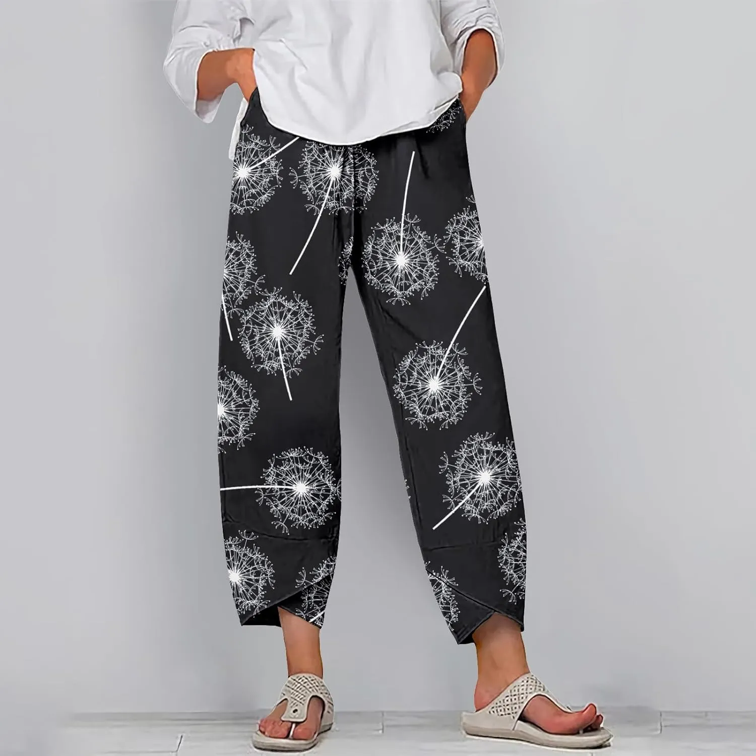 Linen Pants for Women Summer Casual Capri Pants with Pockets Baggy Comfy Wide Leg Trousers Lounge Pants