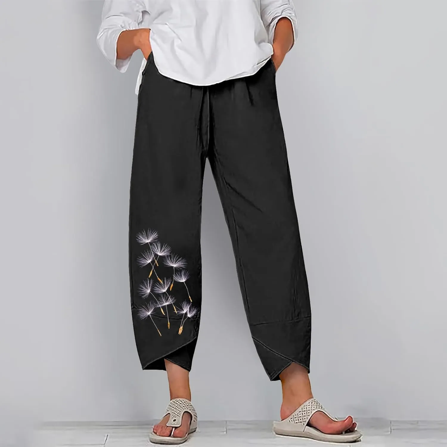 Linen Pants for Women Summer Casual Capri Pants with Pockets Baggy Comfy Wide Leg Trousers Lounge Pants