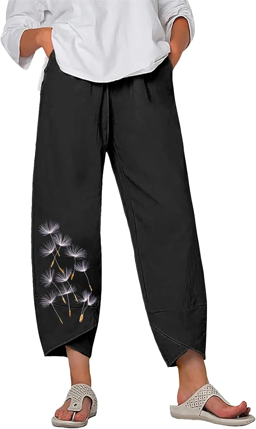 Linen Pants for Women Summer Casual Capri Pants with Pockets Baggy Comfy Wide Leg Trousers Lounge Pants