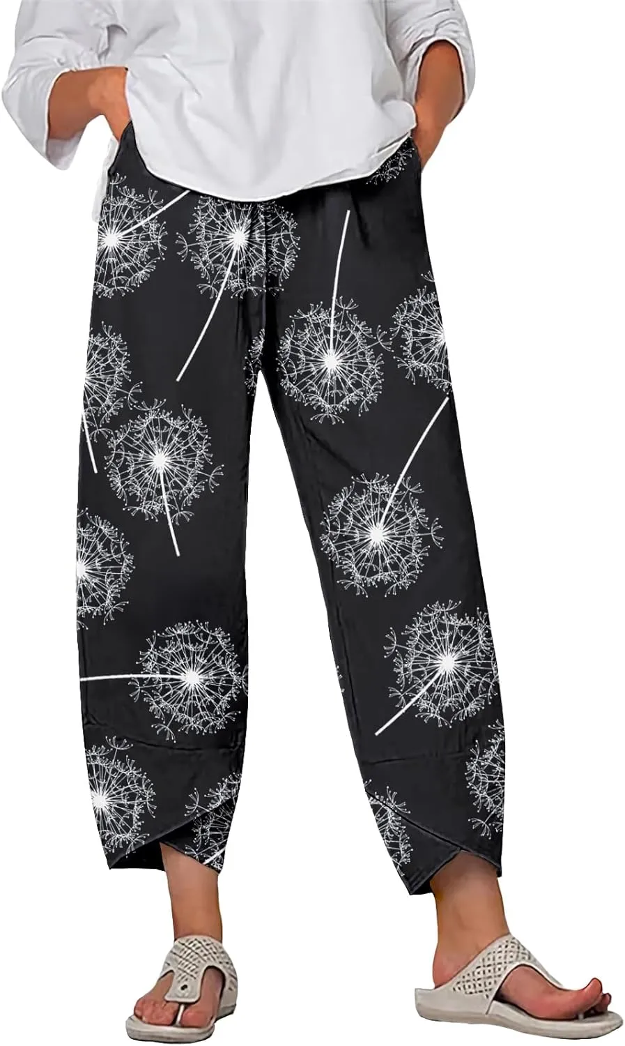 Linen Pants for Women Summer Casual Capri Pants with Pockets Baggy Comfy Wide Leg Trousers Lounge Pants