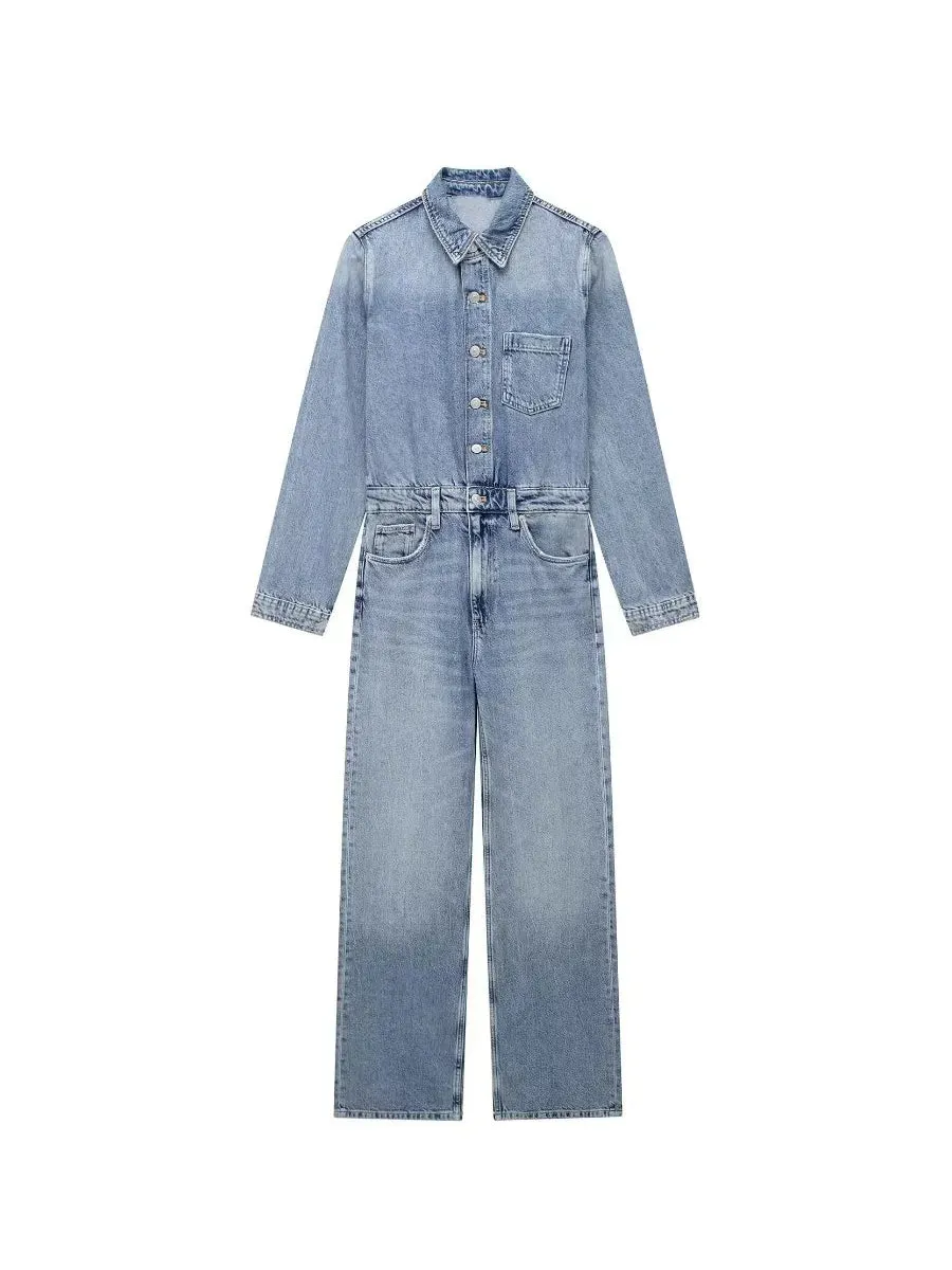 Long-sleeved denim jumpsuit for women