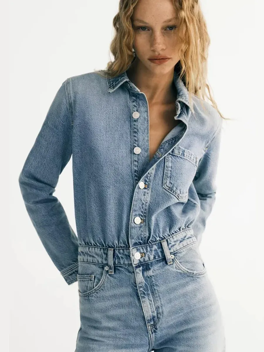 Long-sleeved denim jumpsuit for women