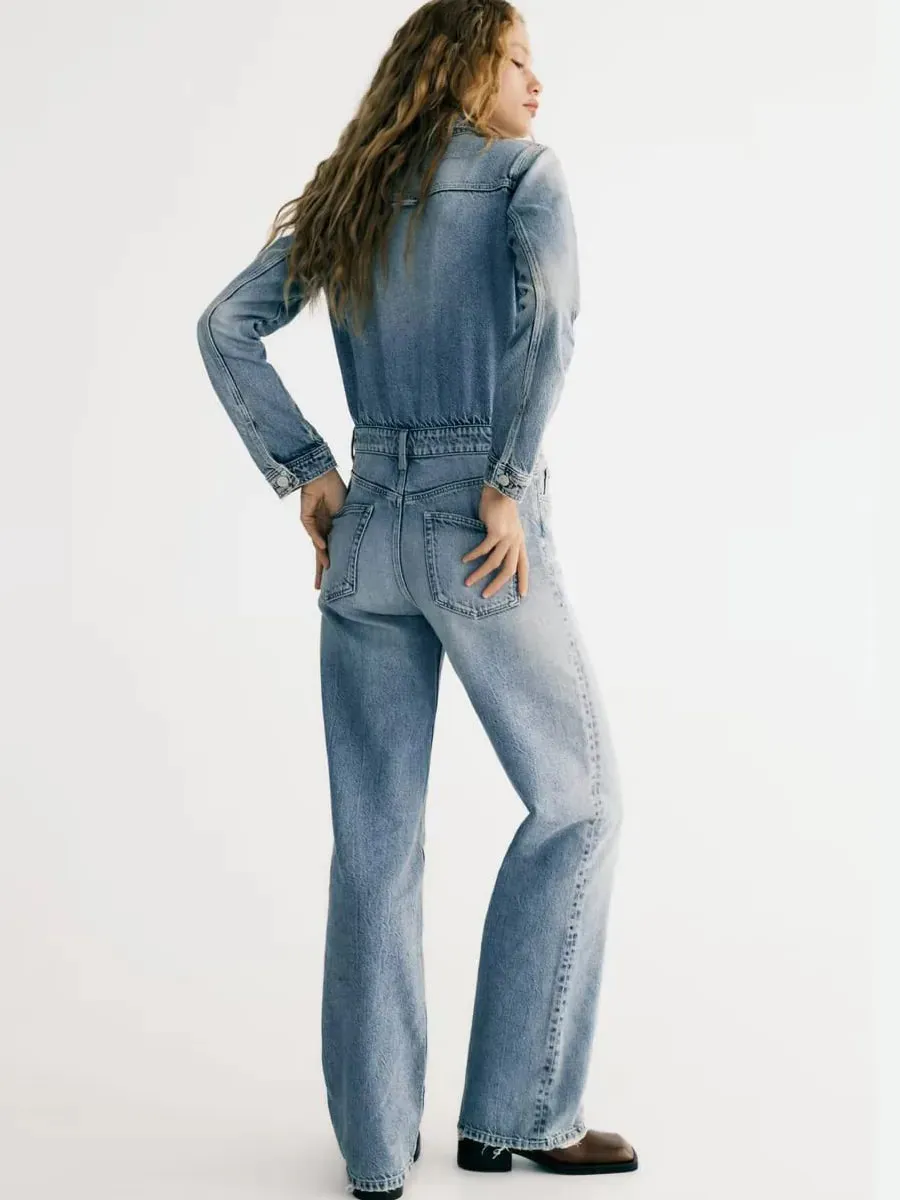 Long-sleeved denim jumpsuit for women
