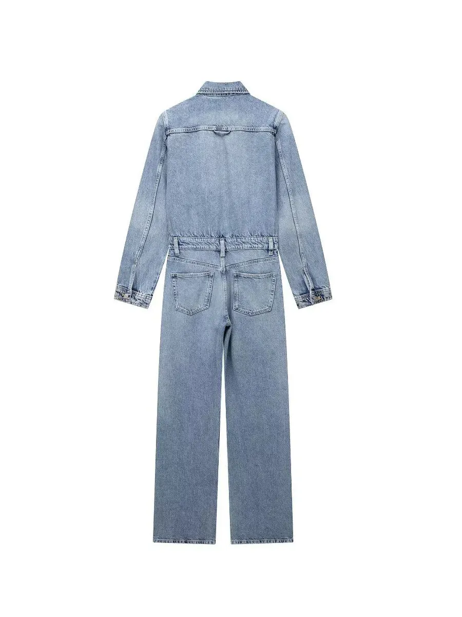 Long-sleeved denim jumpsuit for women