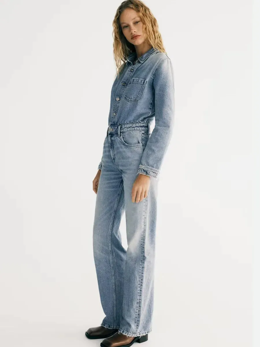 Long-sleeved denim jumpsuit for women