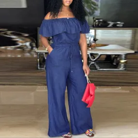Luexco Blue Off Shoulder Jumpsuit Wide Leg Blue Romper