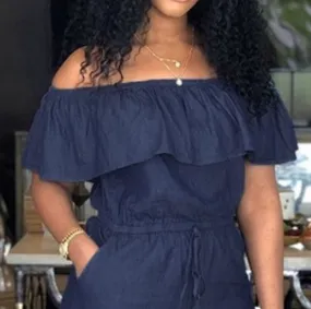 Luexco Blue Off Shoulder Jumpsuit Wide Leg Blue Romper