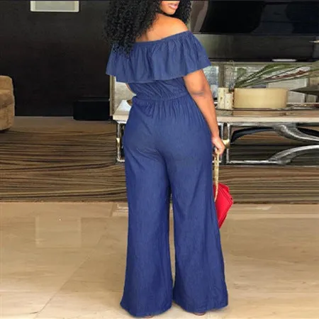 Luexco Blue Off Shoulder Jumpsuit Wide Leg Blue Romper