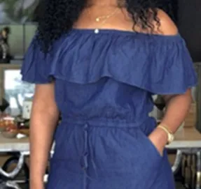 Luexco Blue Off Shoulder Jumpsuit Wide Leg Blue Romper