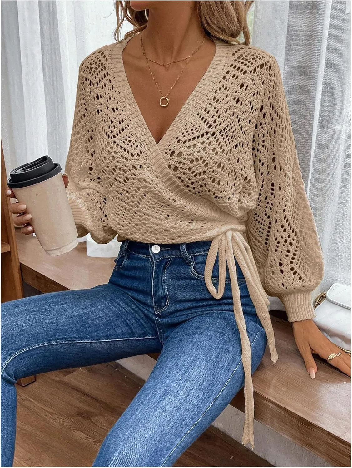MakeMeChic Women's Pointelle Lantern Sleeve V Neck Wrap Tie Side Cardigan Sweater Crop Knitwear