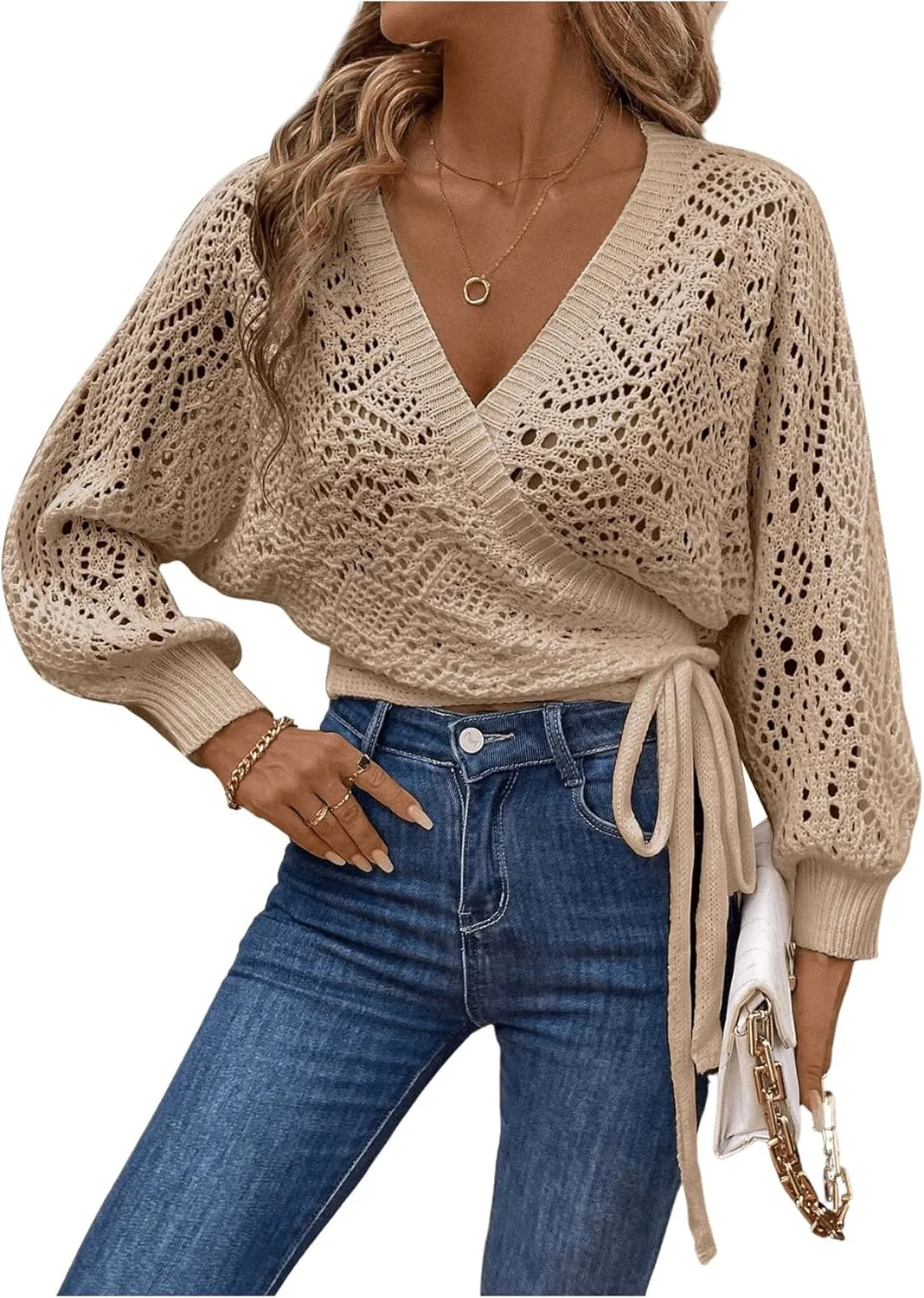 MakeMeChic Women's Pointelle Lantern Sleeve V Neck Wrap Tie Side Cardigan Sweater Crop Knitwear