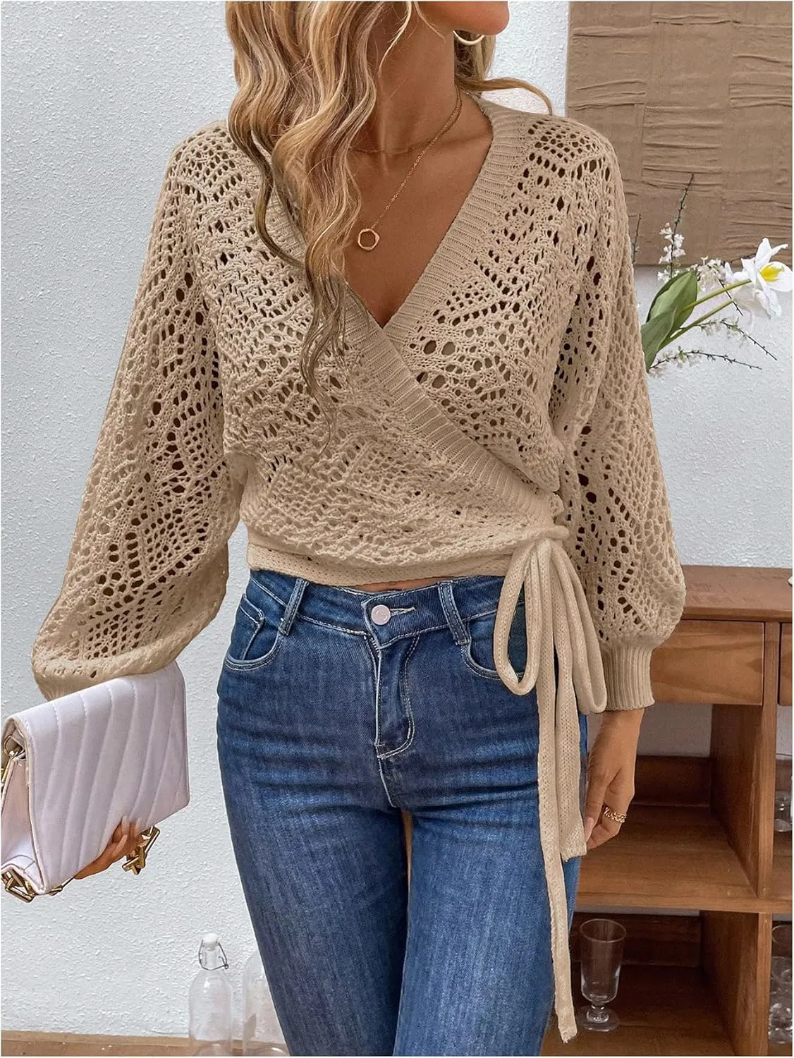 MakeMeChic Women's Pointelle Lantern Sleeve V Neck Wrap Tie Side Cardigan Sweater Crop Knitwear