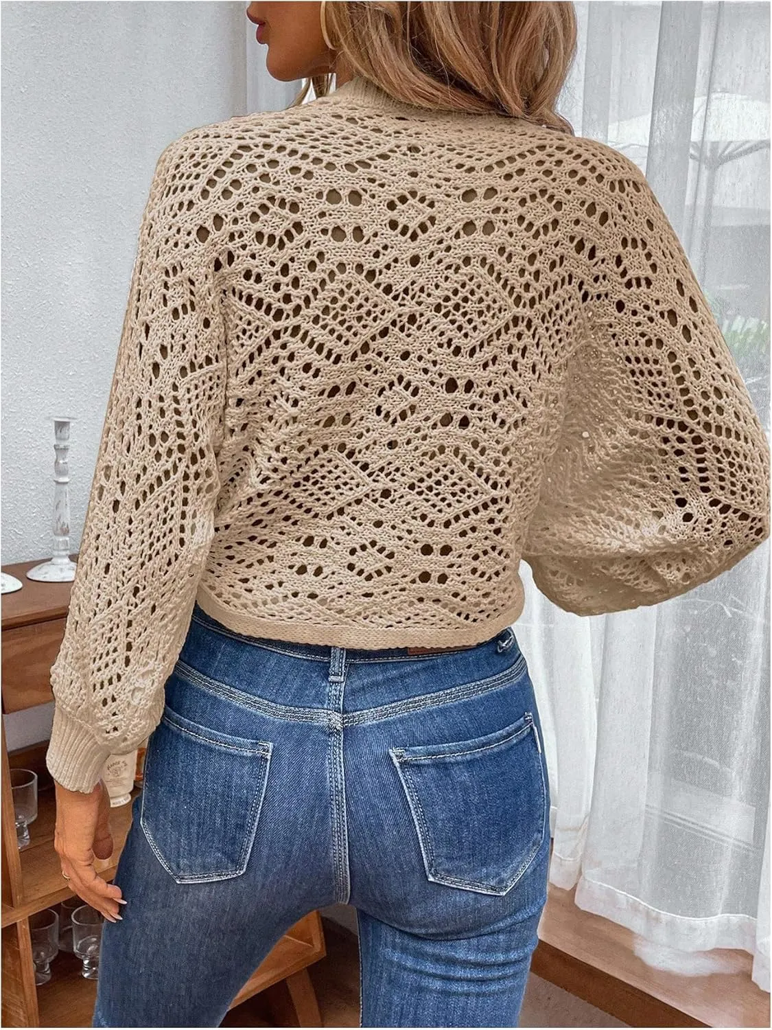 MakeMeChic Women's Pointelle Lantern Sleeve V Neck Wrap Tie Side Cardigan Sweater Crop Knitwear