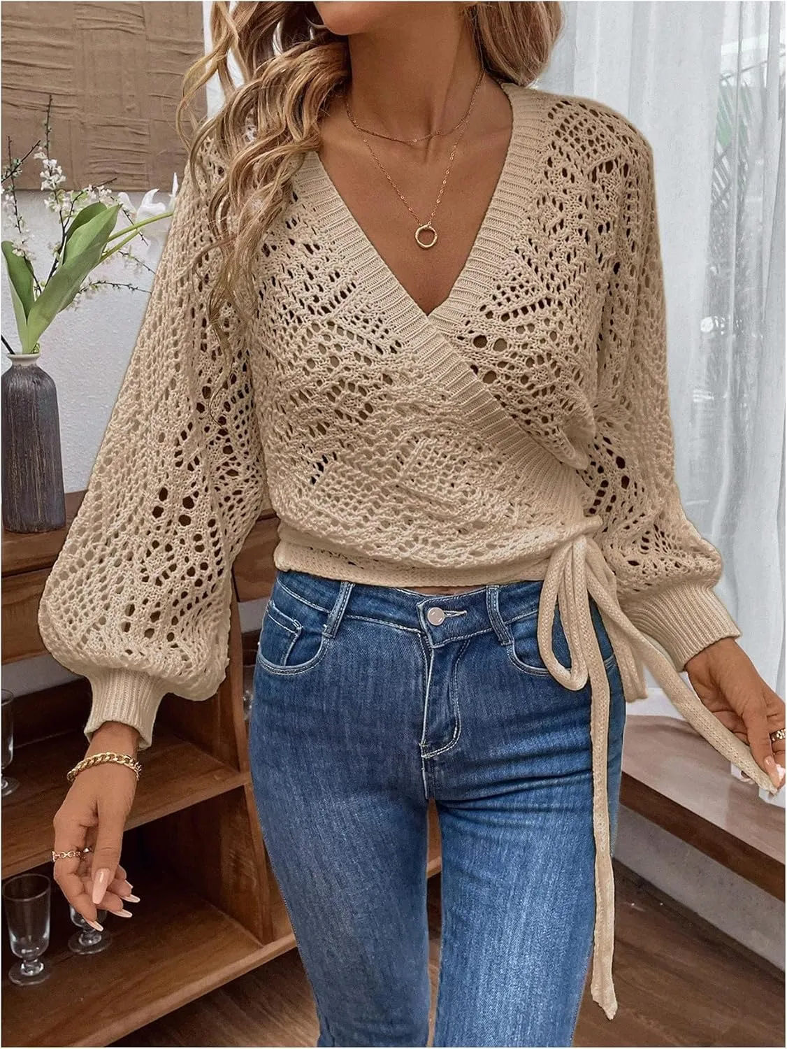 MakeMeChic Women's Pointelle Lantern Sleeve V Neck Wrap Tie Side Cardigan Sweater Crop Knitwear