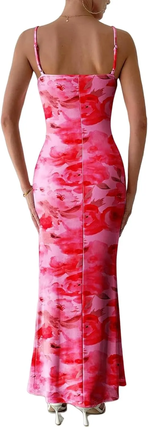 Maxi Dresses for Women 2025 Floral Spaghetti Strap Dress Stretch Sexy Bodycon Dress Summer Beach Vacation Dresses