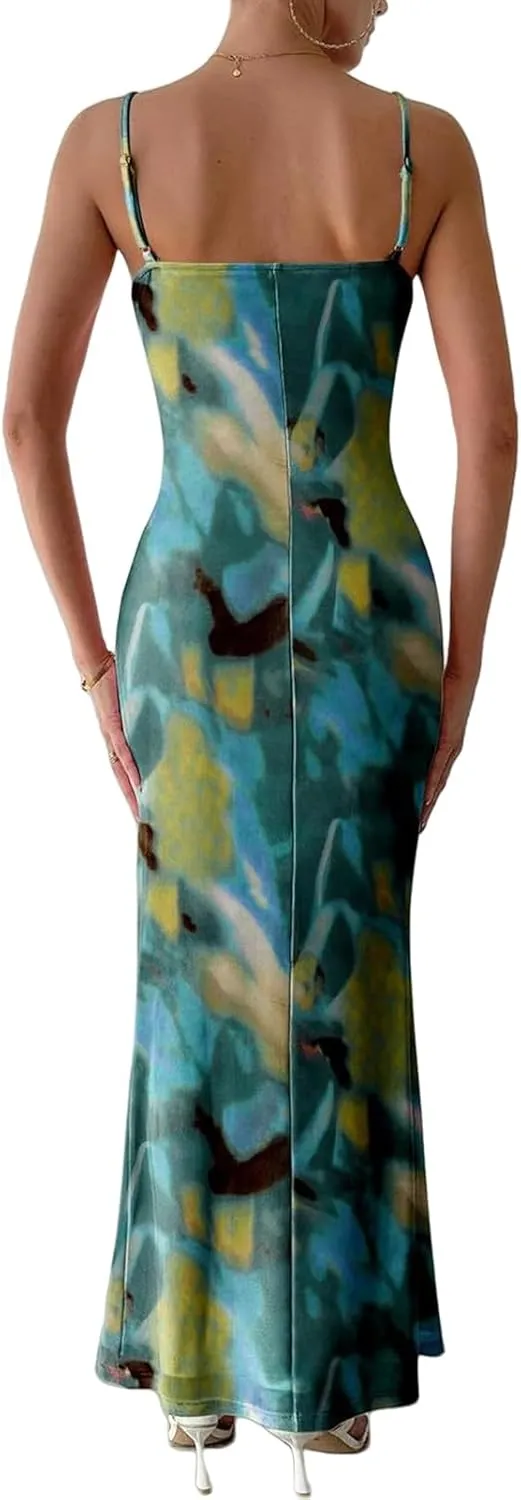 Maxi Dresses for Women 2025 Floral Spaghetti Strap Dress Stretch Sexy Bodycon Dress Summer Beach Vacation Dresses