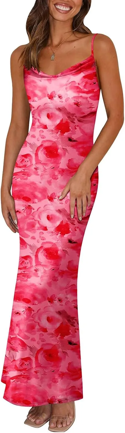 Maxi Dresses for Women 2025 Floral Spaghetti Strap Dress Stretch Sexy Bodycon Dress Summer Beach Vacation Dresses