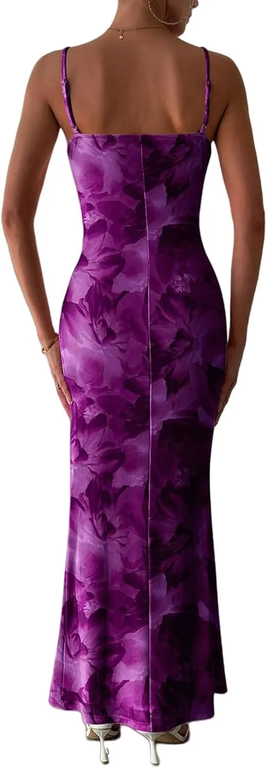 Maxi Dresses for Women 2025 Floral Spaghetti Strap Dress Stretch Sexy Bodycon Dress Summer Beach Vacation Dresses