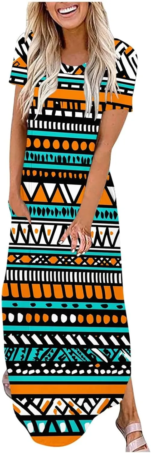 Maxi Dresses for Women 2025 Short Sleeve Casual Flowy Flowy Long Dress Beach Vocation Shift Dress