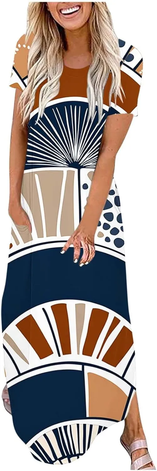 Maxi Dresses for Women 2025 Short Sleeve Casual Flowy Flowy Long Dress Beach Vocation Shift Dress