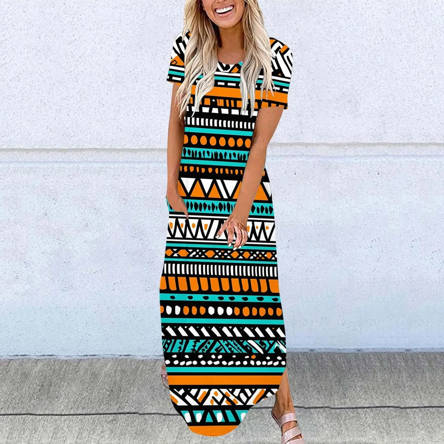 Maxi Dresses for Women 2025 Short Sleeve Casual Flowy Flowy Long Dress Beach Vocation Shift Dress