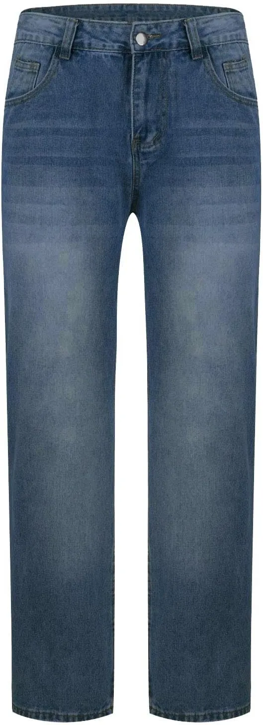 Mens Straight Leg Jeans Relaxed Fit Vintage Denim Pants Classic Casual Denim Jeans Trousers Pants with Pockets