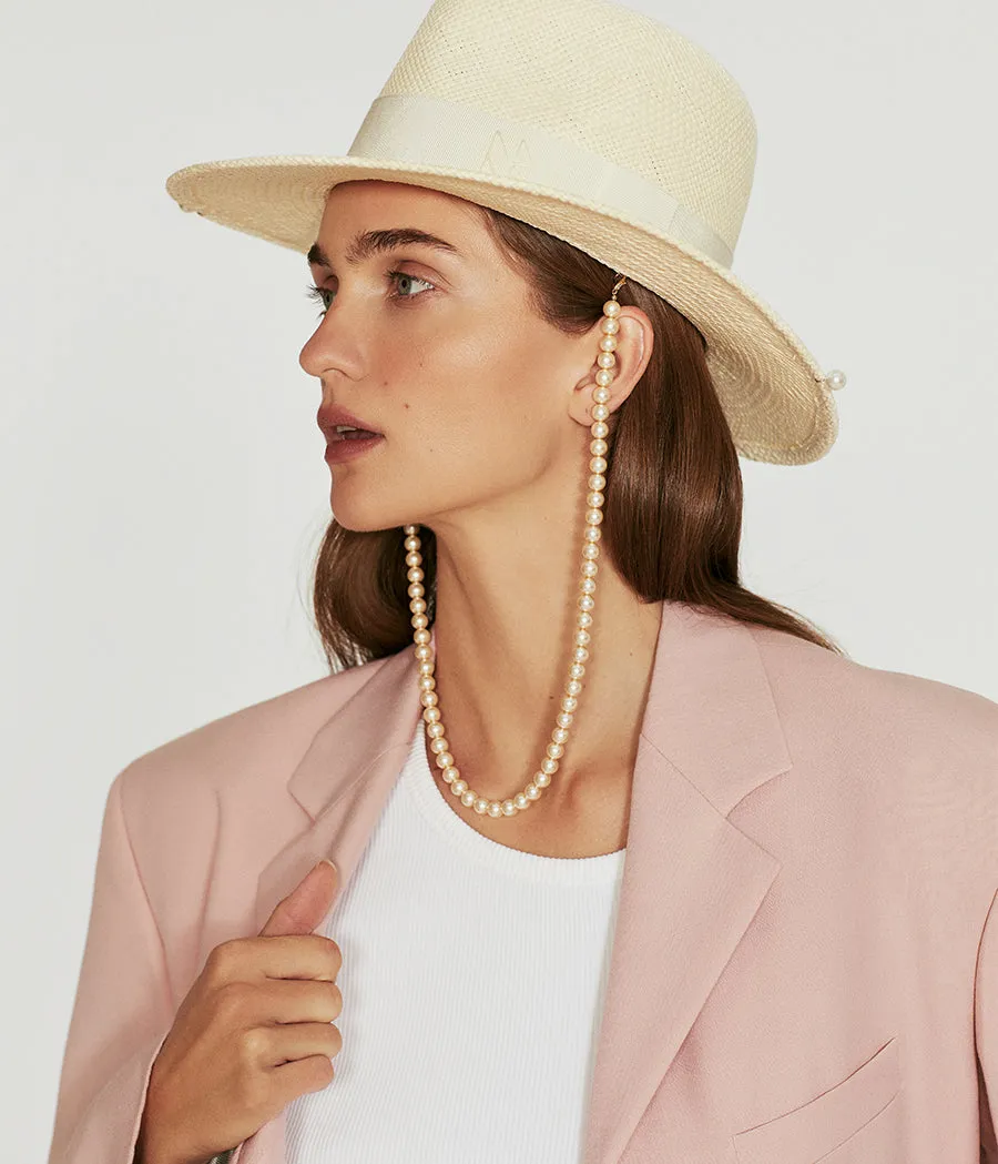 Pearls-embellished Straw Fedora Hat