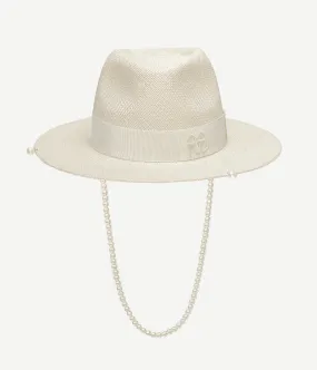 Pearls-embellished Straw Fedora Hat