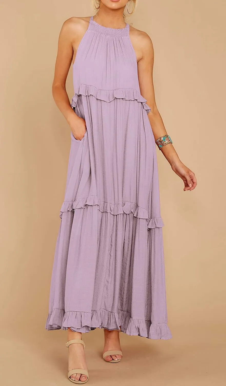 R.Vivimos Womens Summer Dress Cotton Sleeveless Halter Layered Ruffles Casual Boho Flowy Maxi Dress