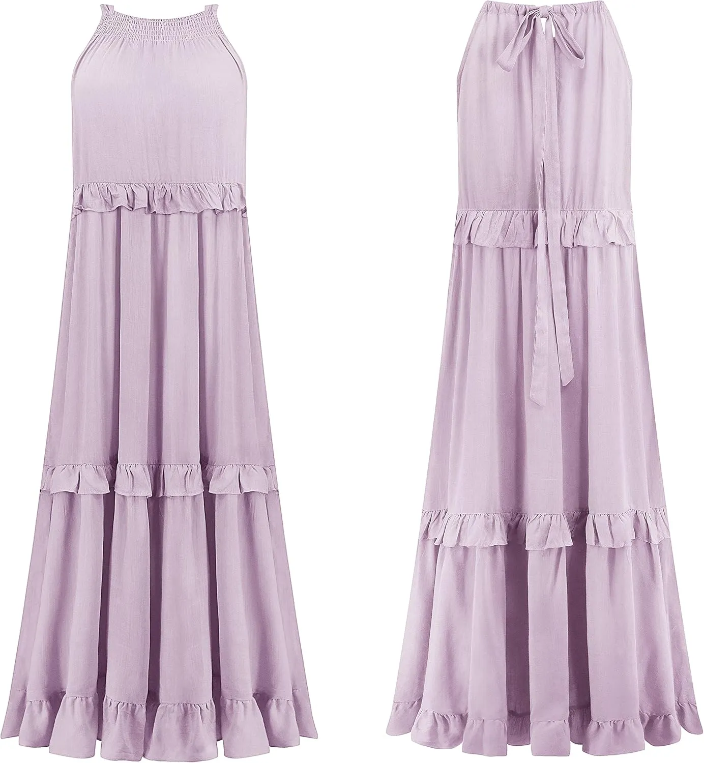 R.Vivimos Womens Summer Dress Cotton Sleeveless Halter Layered Ruffles Casual Boho Flowy Maxi Dress