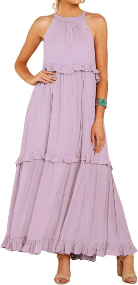 R.Vivimos Womens Summer Dress Cotton Sleeveless Halter Layered Ruffles Casual Boho Flowy Maxi Dress