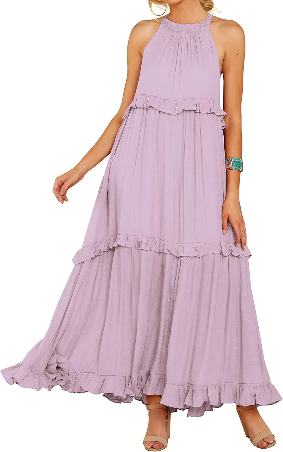 R.Vivimos Womens Summer Dress Cotton Sleeveless Halter Layered Ruffles Casual Boho Flowy Maxi Dress