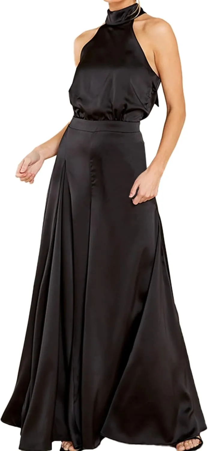 S・DEER Womens Sleeveless Halter Tied Jumpsuit with Pockets High Waist Wide Leg Pants for Women