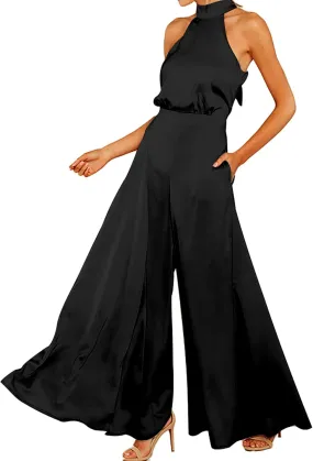 S・DEER Womens Sleeveless Halter Tied Jumpsuit with Pockets High Waist Wide Leg Pants for Women