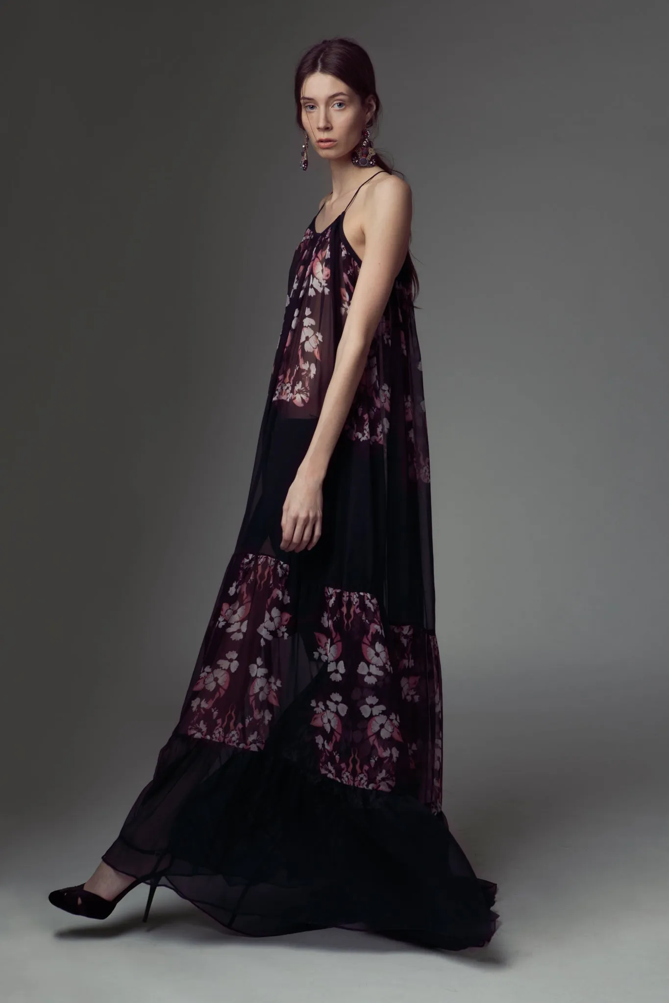 Silk chiffon tiered long maxi