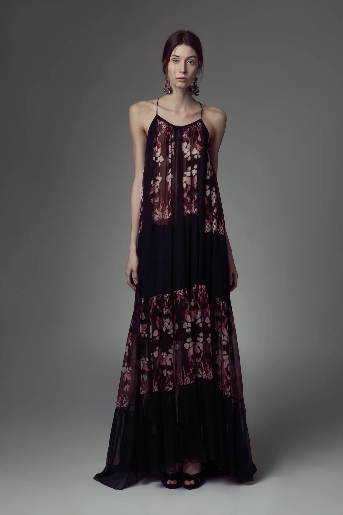 Silk chiffon tiered long maxi