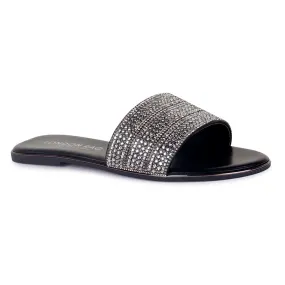 Silver Embellished Casual Slides in Black