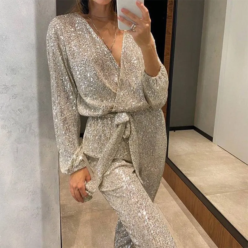 Sparkle Allure Sequin V-Neck Jumpsuit