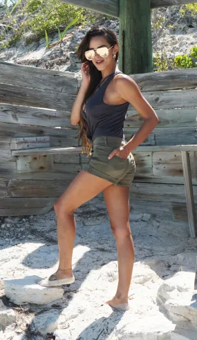 Stretchy Distressed Shorts - Olive