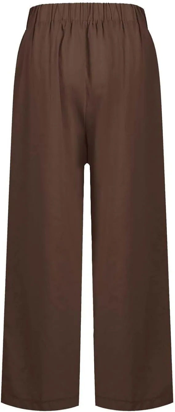 Summer Womens Linen Pants Casual Elastic Waist Baggy Trouser Solid Color Straight Leg Pants with Pockets