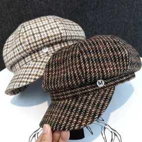 Trendy Wool Plaid British Street Duck Tongue Octagonal Hat