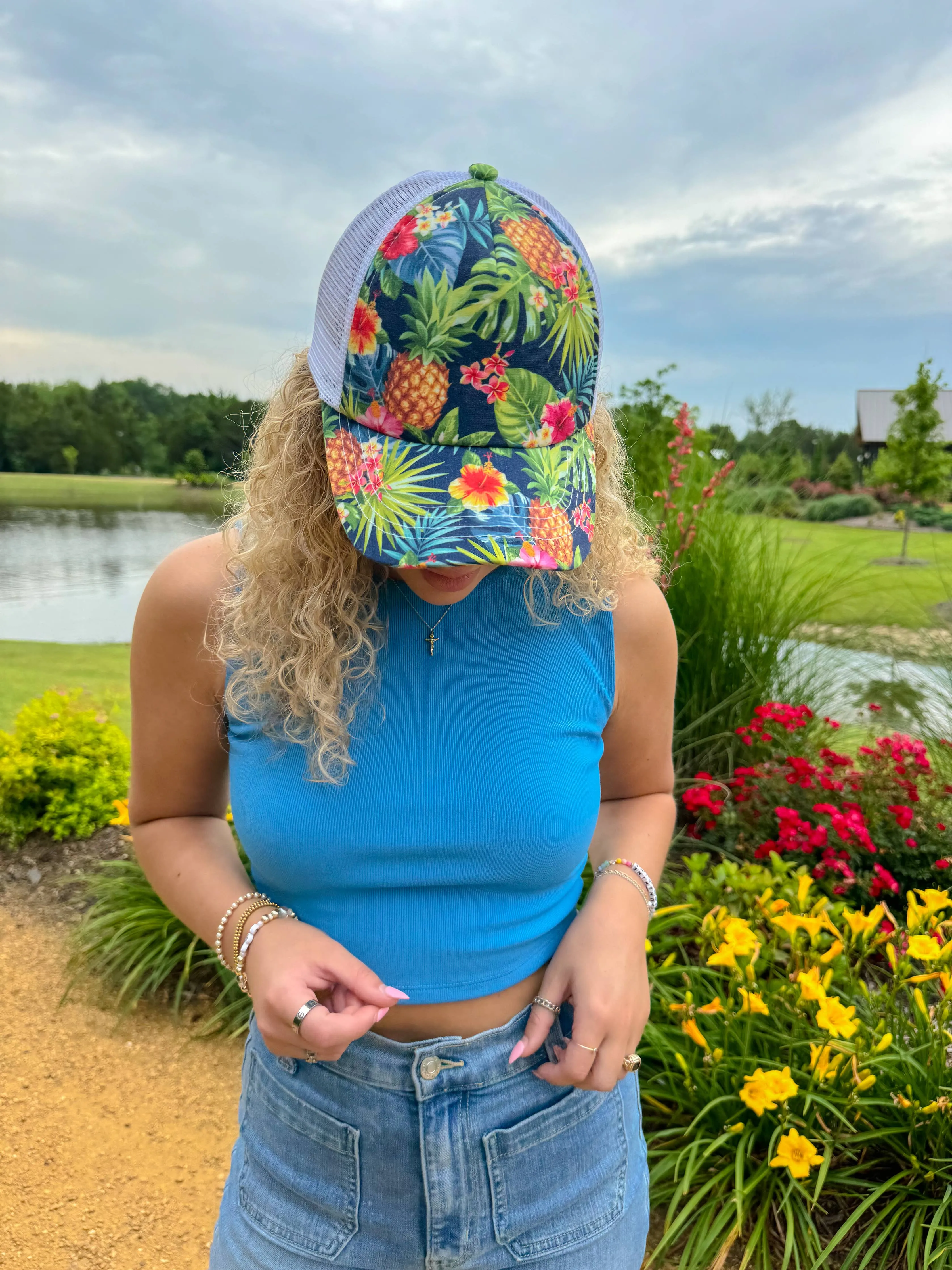 Tropical Print Criss Cross High Pony C.C Ball Cap