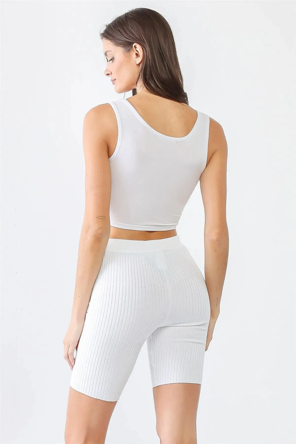 White Ribbed High Waist Slim Fit Stretchy Shorts