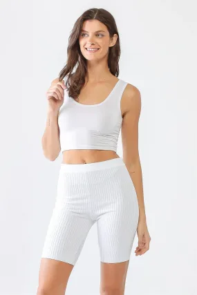 White Ribbed High Waist Slim Fit Stretchy Shorts