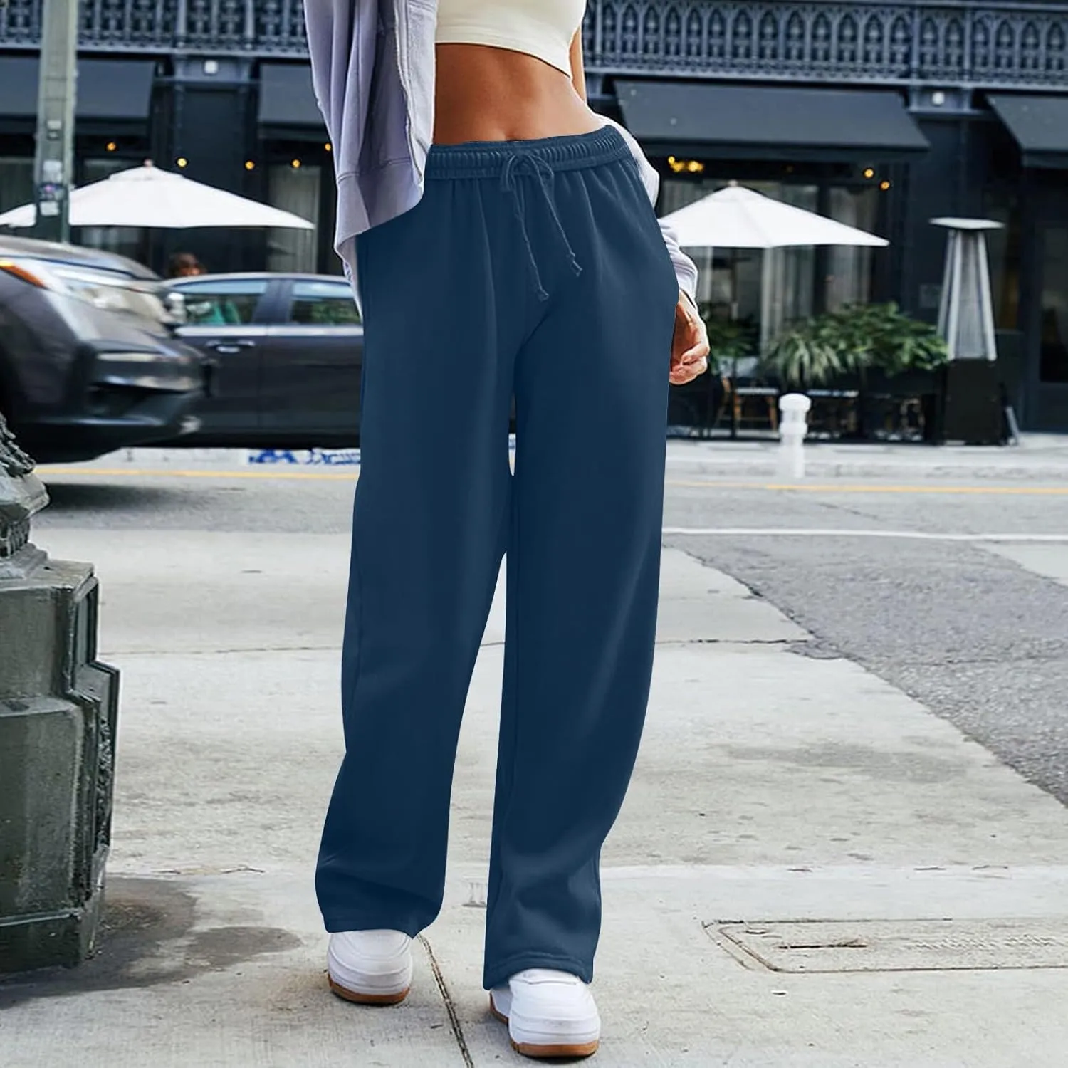 Wide Leg Sweatpants Women High Waisted Linen Pants Drawstring Workout Baggy Sweatpants Comfy Lounge Pants with Pocket