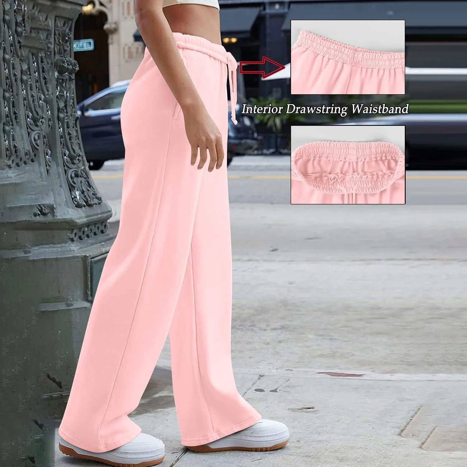 Wide Leg Sweatpants Women High Waisted Linen Pants Drawstring Workout Baggy Sweatpants Comfy Lounge Pants with Pocket