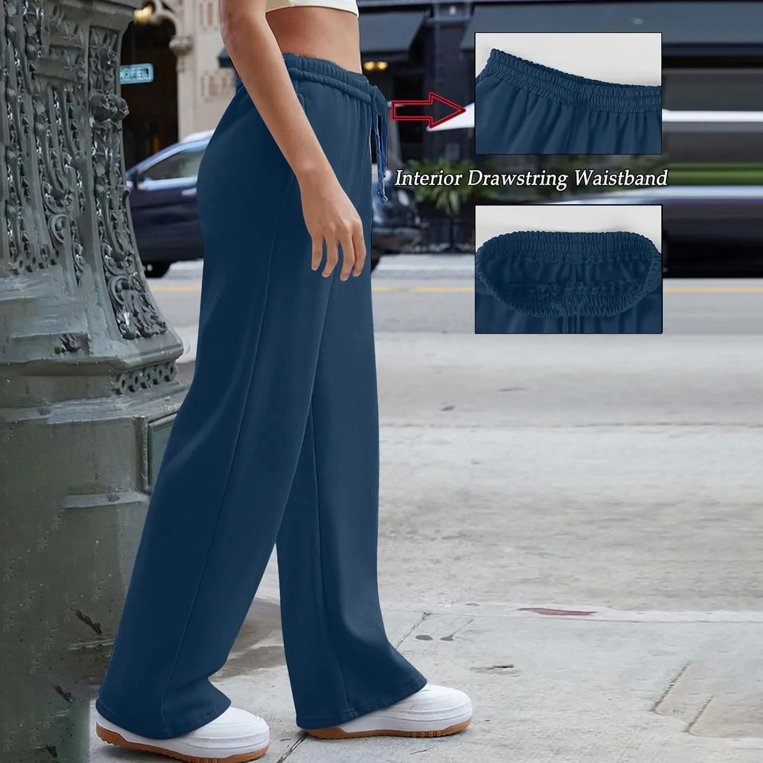 Wide Leg Sweatpants Women High Waisted Linen Pants Drawstring Workout Baggy Sweatpants Comfy Lounge Pants with Pocket