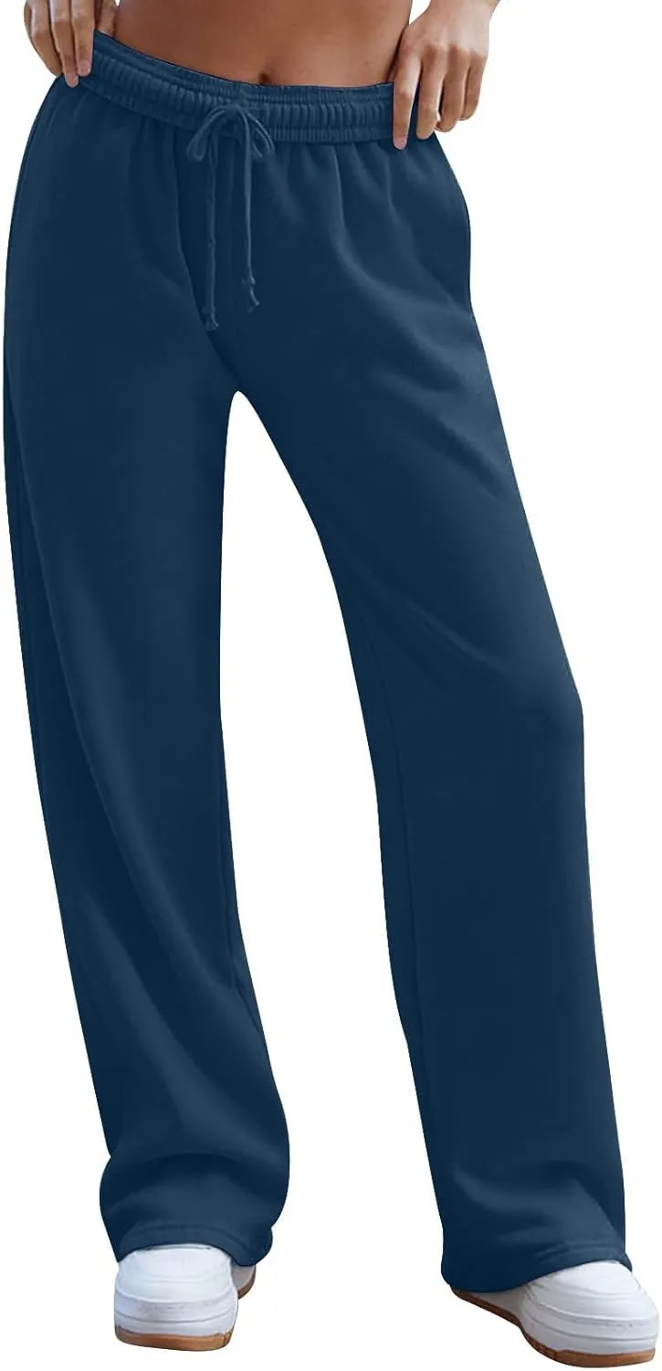 Wide Leg Sweatpants Women High Waisted Linen Pants Drawstring Workout Baggy Sweatpants Comfy Lounge Pants with Pocket
